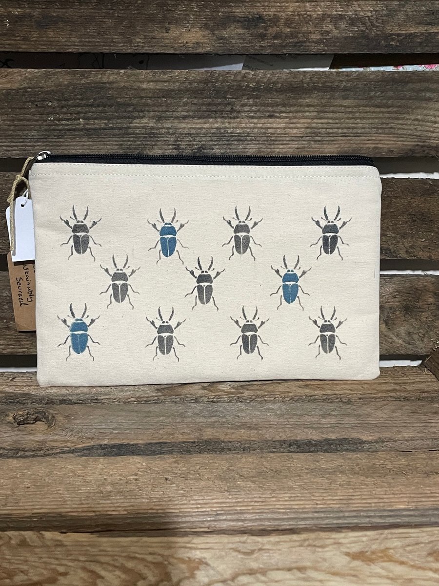 Eco Beetle Hand Printed Zip Bag - Make Up, Gadget, Cosmetic, Pencil case
