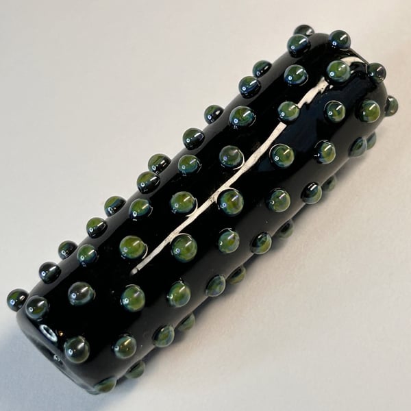 Handmade black and green iridescent lamp work glass focal bead