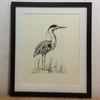 Pen and Ink framed original of Heron - Just Waiting....