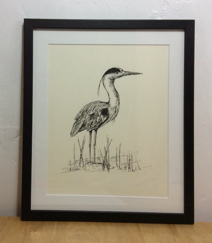 Pen and Ink framed original of Heron - Just Waiting....