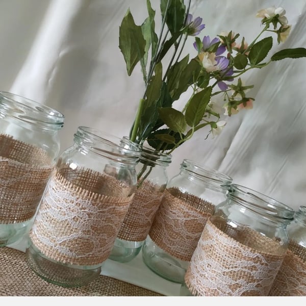 6 wedding table decorations Hessian and lace vintage rustic traditional style 