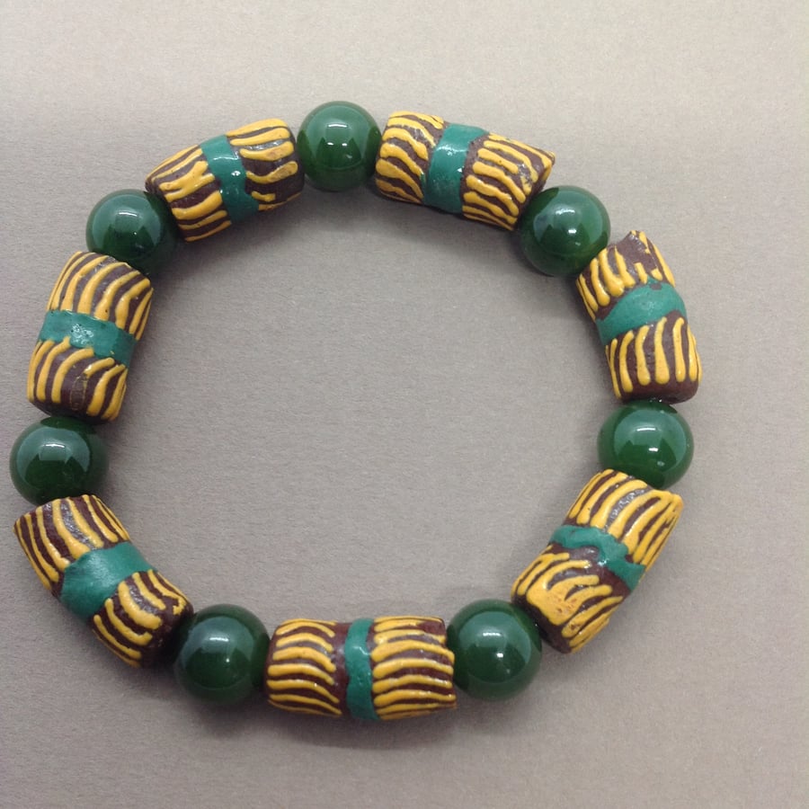 African bead bracelet with traditional patterns and recycled glass
