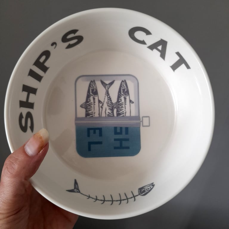 Coastal Cat Bowl - ship's cat, white ceramic, cat lover, cute fish, fun bowl