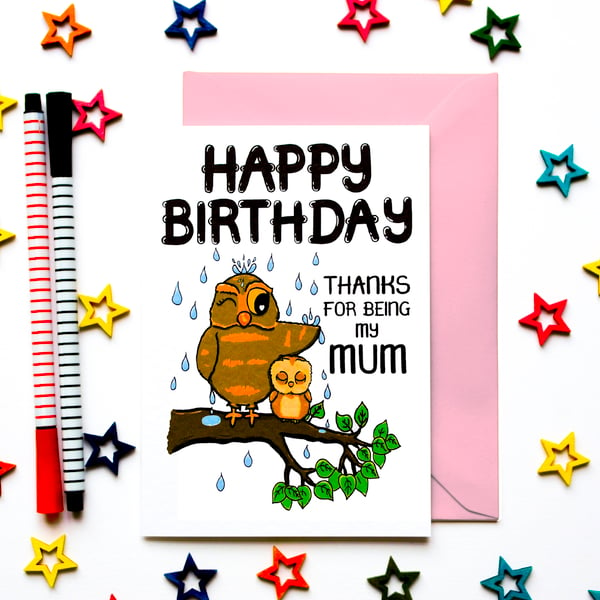 Cute Owl Birthday Card For Mum From Teenage, Infant Daughter, Son