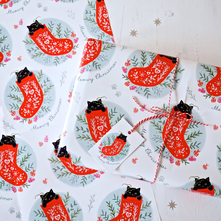 Meowy Christmas Cat gift wrap & tags pack 