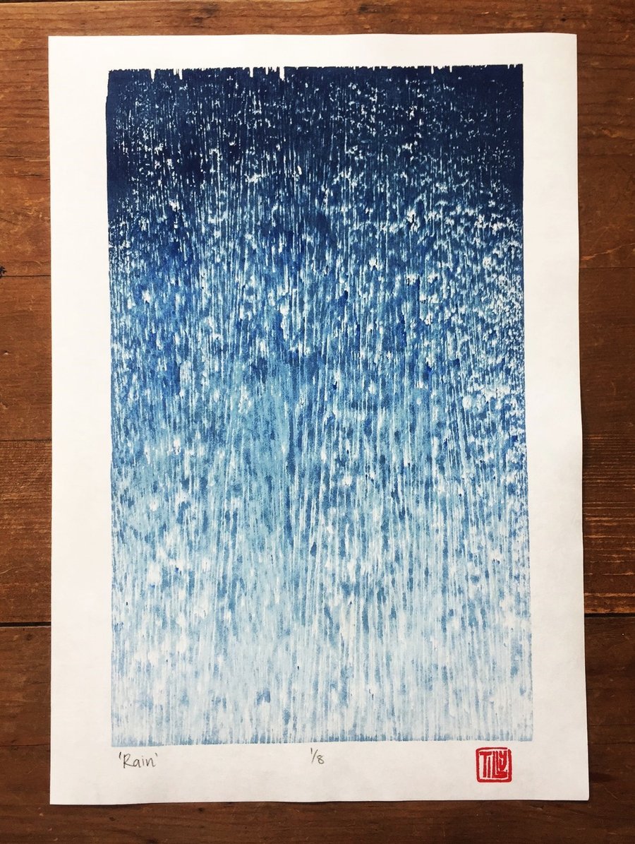 Rain woodcut, woodblock print, blue artwork