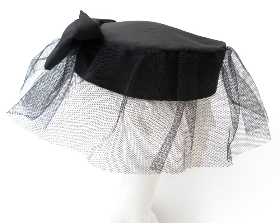  Retro Black Pillbox Hat , Net Veil and Bow, Wedding, Christening, Races