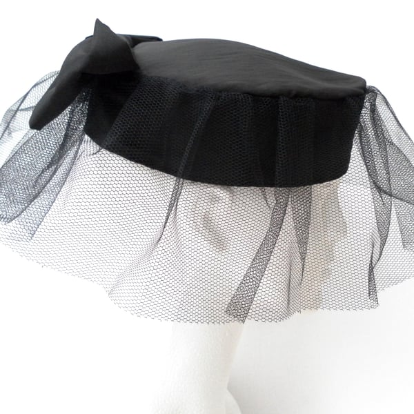  Retro Black Pillbox Hat , Net Veil and Bow, Wedding, Christening, Races