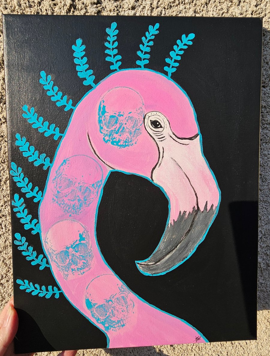 Flamingo bird painting skulls tattoo mohawk signed art