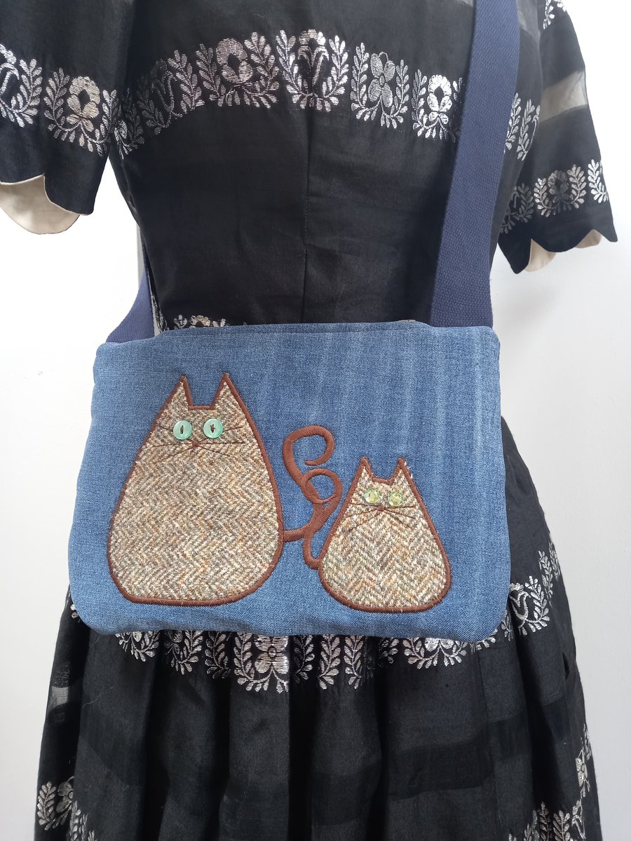 Upcycled & quilted cat handbag - reclaimed denim and tweed