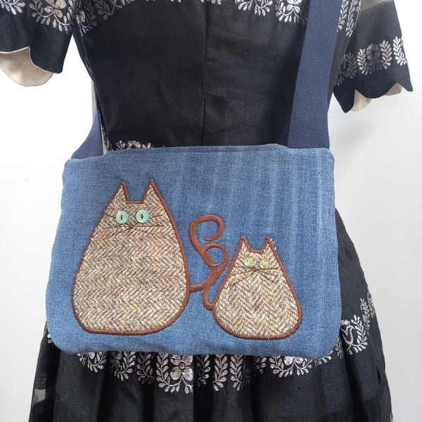 Upcycled & quilted cat handbag - reclaimed denim and tweed