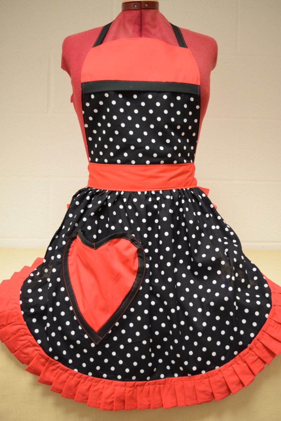 Vintage 50s Style Full Apron - Valentines Black & White Polka Dot with Red Trim