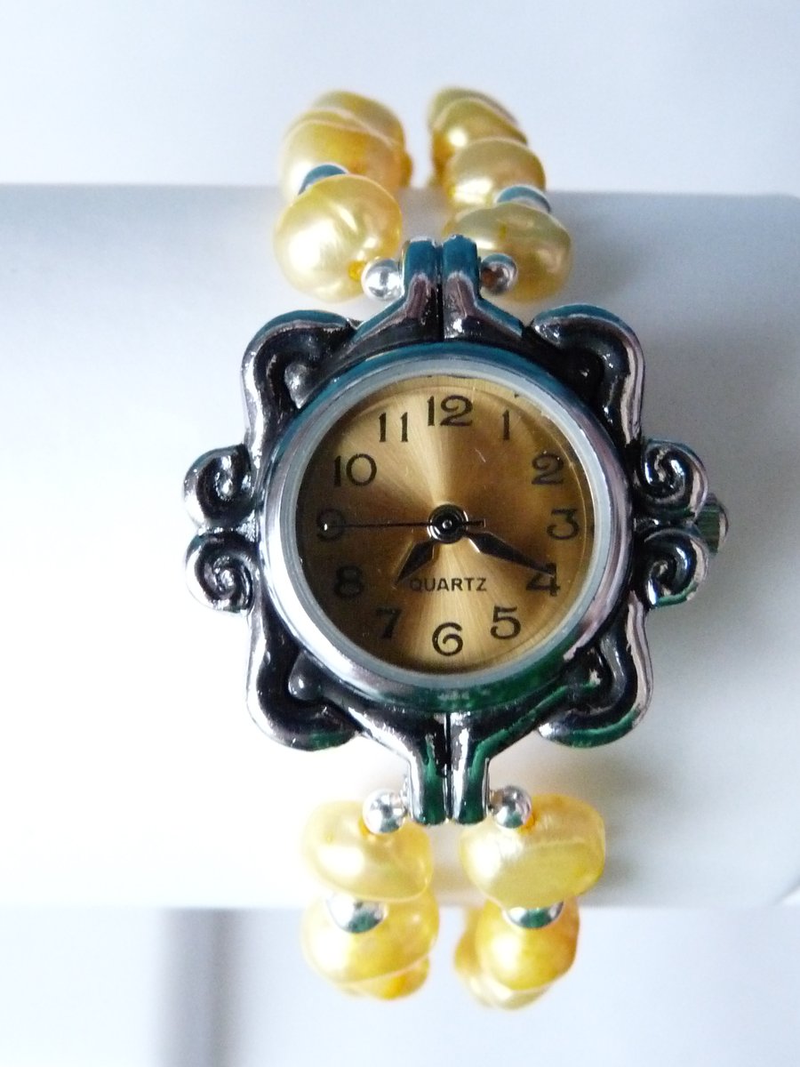 Yellow Baroque Freshwater Pearl Bracelet Style Watch - Handmade - Genuine 