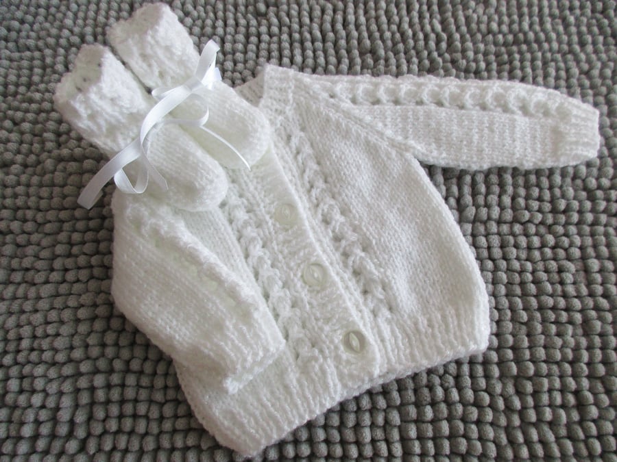 12" Patterned Baby Girls Round Neck Cardigan & Bootees (White)