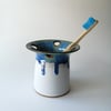Handmade stoneware ceramic toothbrush,toothpaste holder turquoise blue and white