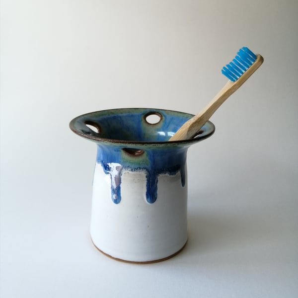Handmade stoneware ceramic toothbrush,toothpaste holder turquoise blue and white