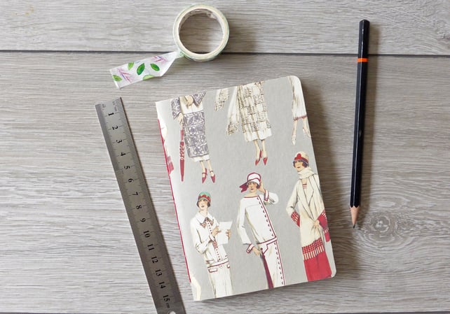 Hand bound small A6 notebook or sketchbook with grey 1920s fashion cover