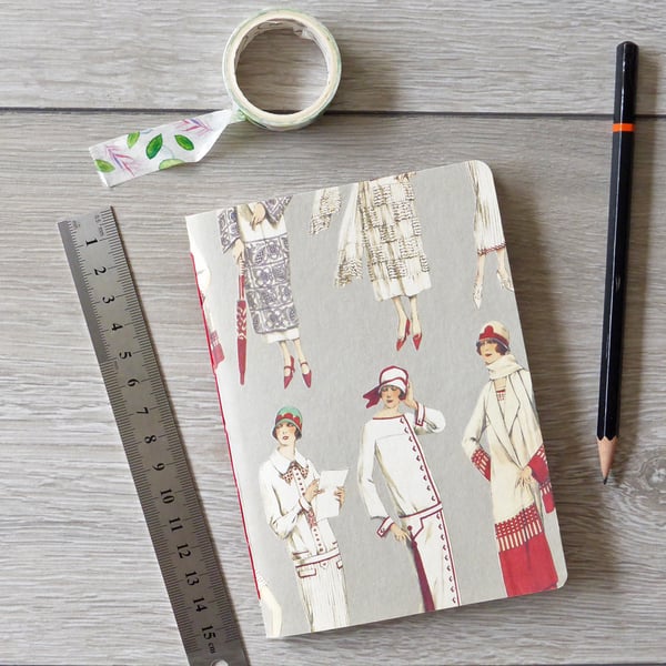 Hand bound small A6 notebook or sketchbook with grey 1920s fashion cover