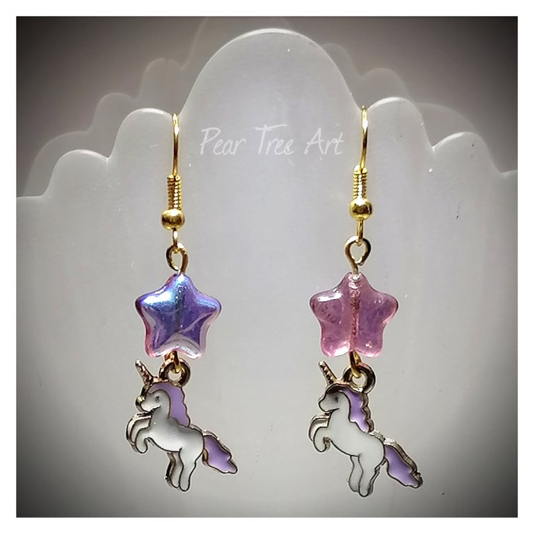 Pastel Purple Unicorn Earrings with Star Beads