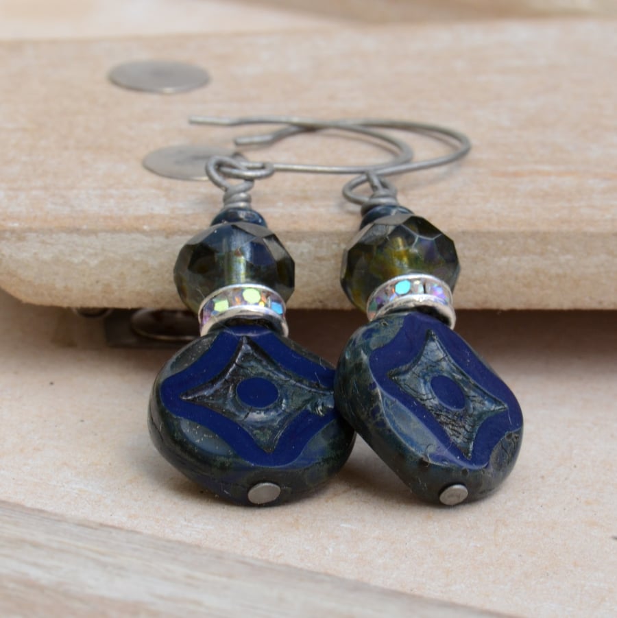 Midnight Blue Czech Star & Rondelle Beads with Diamante Earrings