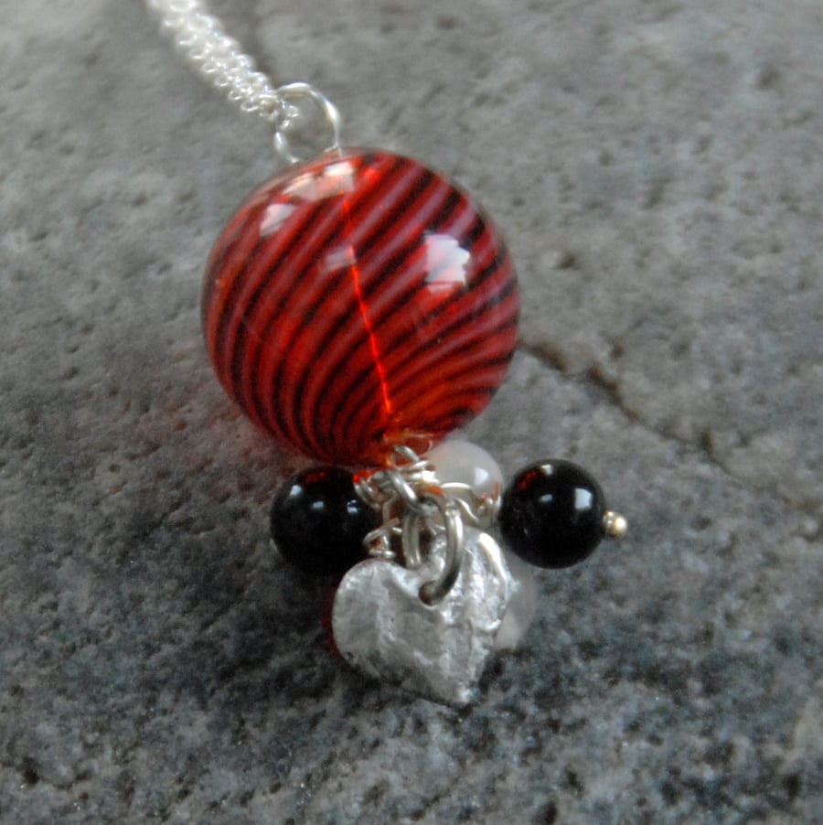 red and black blown glass and silver heart necklace (valentines)