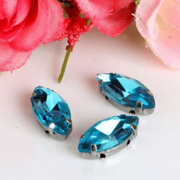 (S18S lake blue) 50 Pcs, 7 x 15mm Sew On Crystal Horse Eye Beads, Glass Leaf 