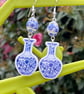 CERAMIC BEAD EARRINGS blue white resin vase shape silver plated - Image 4