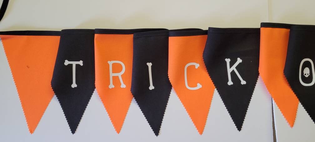 Trick or Treat Halloween Bunting: Orange & Black Flags with white bone lettering
