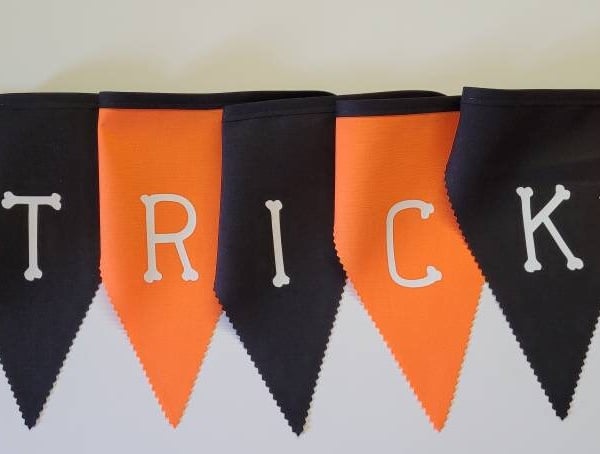 Trick or Treat Halloween Bunting: Orange & Black Flags with white bone lettering