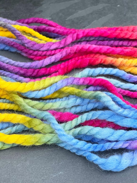 Rainbow Handspun Yarn Hand Dyed Corriedale Super Bulky Knitting Weaving Crochet 