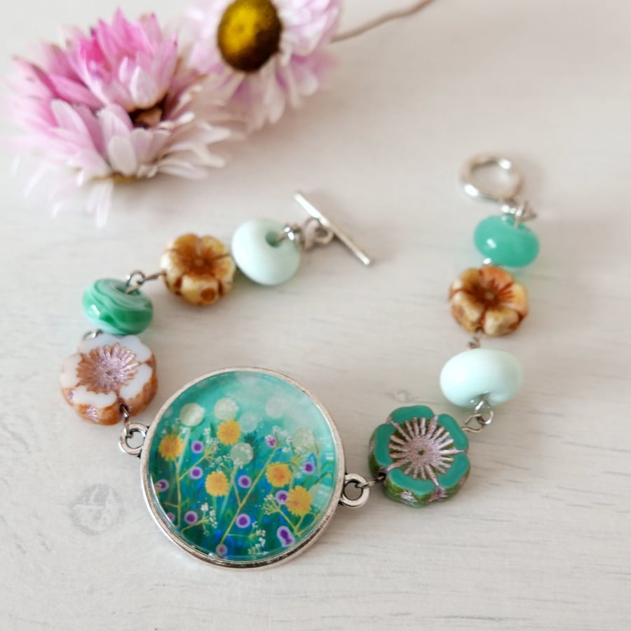 Turquoise Bracelet with Meadow Art Print and Czech Glass Beads