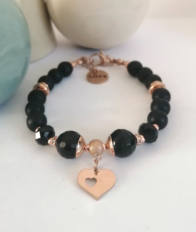 Rose gold & black beaded bracelet heart charm and rhinestones