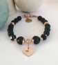 Rose gold & black beaded bracelet heart charm and rhinestones - Image 1