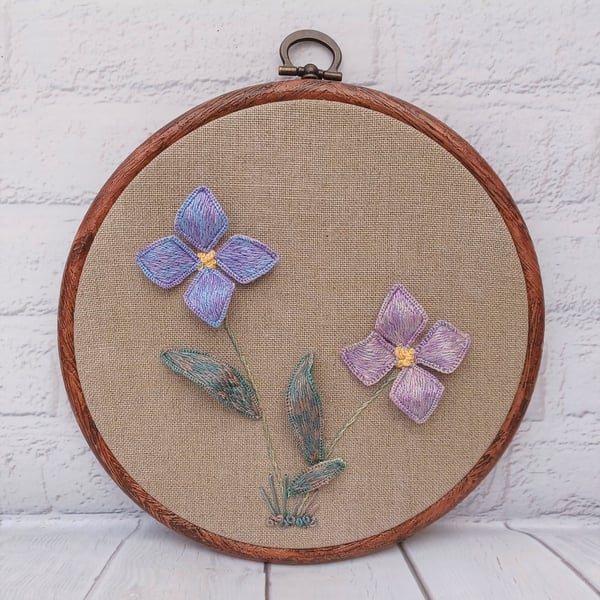 Stumpwork Purple and Pink Flower Hand Embroidery 3D Hoop, Hand Embroidery Flower