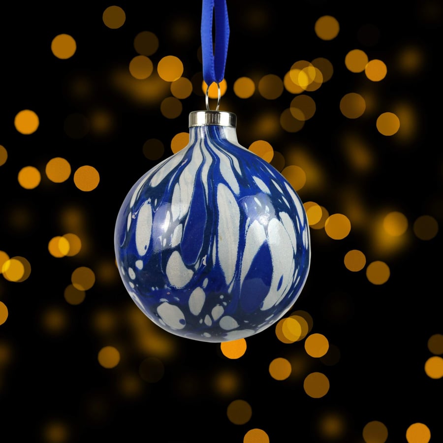 Christmas bauble ceramic hand marbled 5cm round in blue and silver
