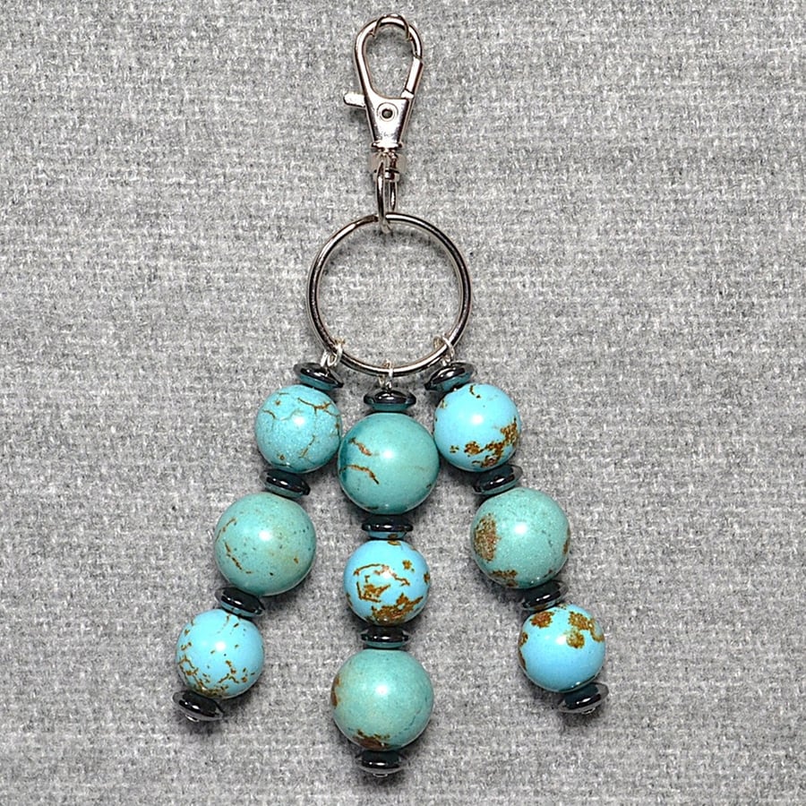 Bag Charm – Turquoise Stone and Hematite Rondelle Triple Dangle