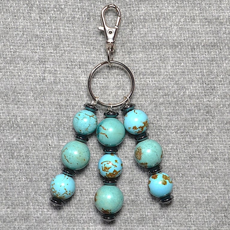 Bag Charm – Turquoise Stone and Hematite Rondelle Triple Dangle