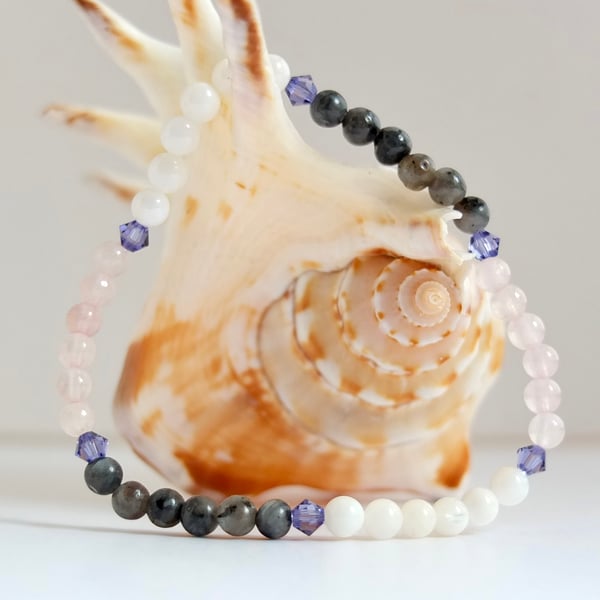 Rose Quartz, Labradorite & Shell Bracelet With Swarovski "Tanzanite" Crystals .