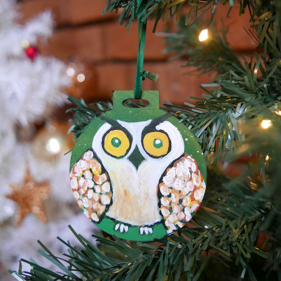 Green Owl Christmas Decoration, Woodland Bird Ornament, Animal Illustration 