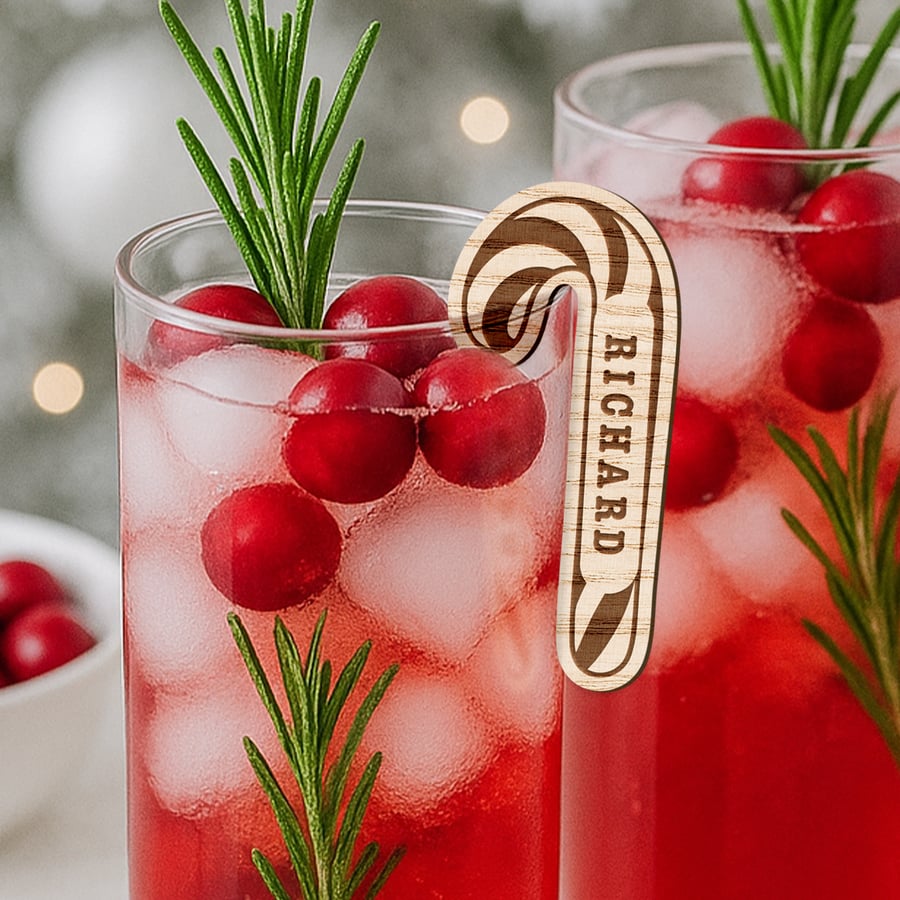 Personalised Candy Cane Drink Tag – Custom Name Christmas Glass Marker 
