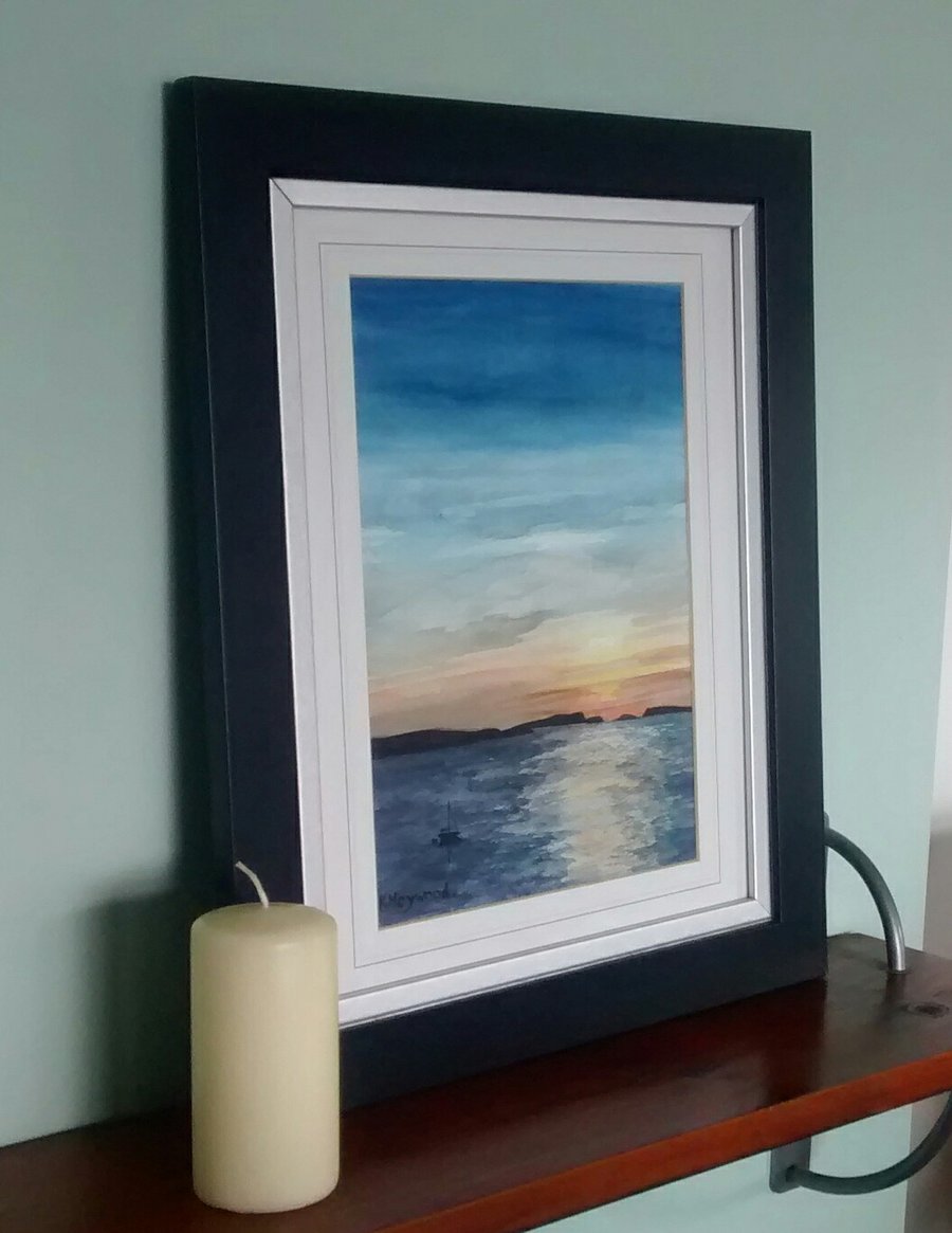Original Watercolour Seascape Framed Painting, Blue Orange Sunset