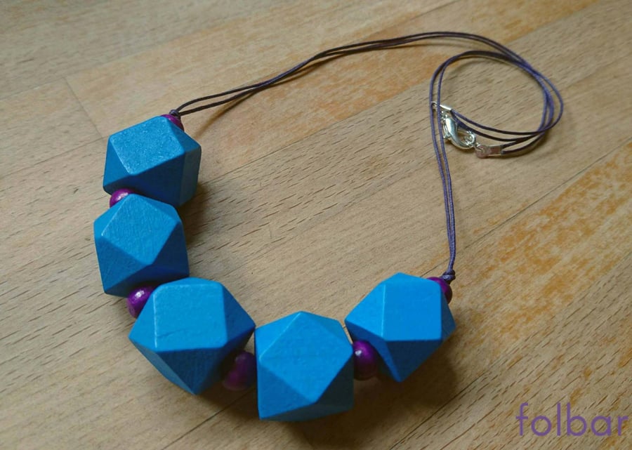 Chunky geometric blue and purple wooden necklace