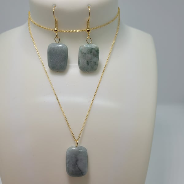 Burmese Jade Type A Rectangle Pendant and Earring Set