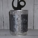 Storage pot. Grey crushed velvet, diamante trim. Repurposed tin can