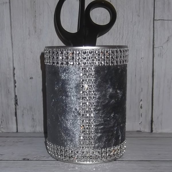 Storage pot. Grey crushed velvet, diamante trim. Repurposed tin can
