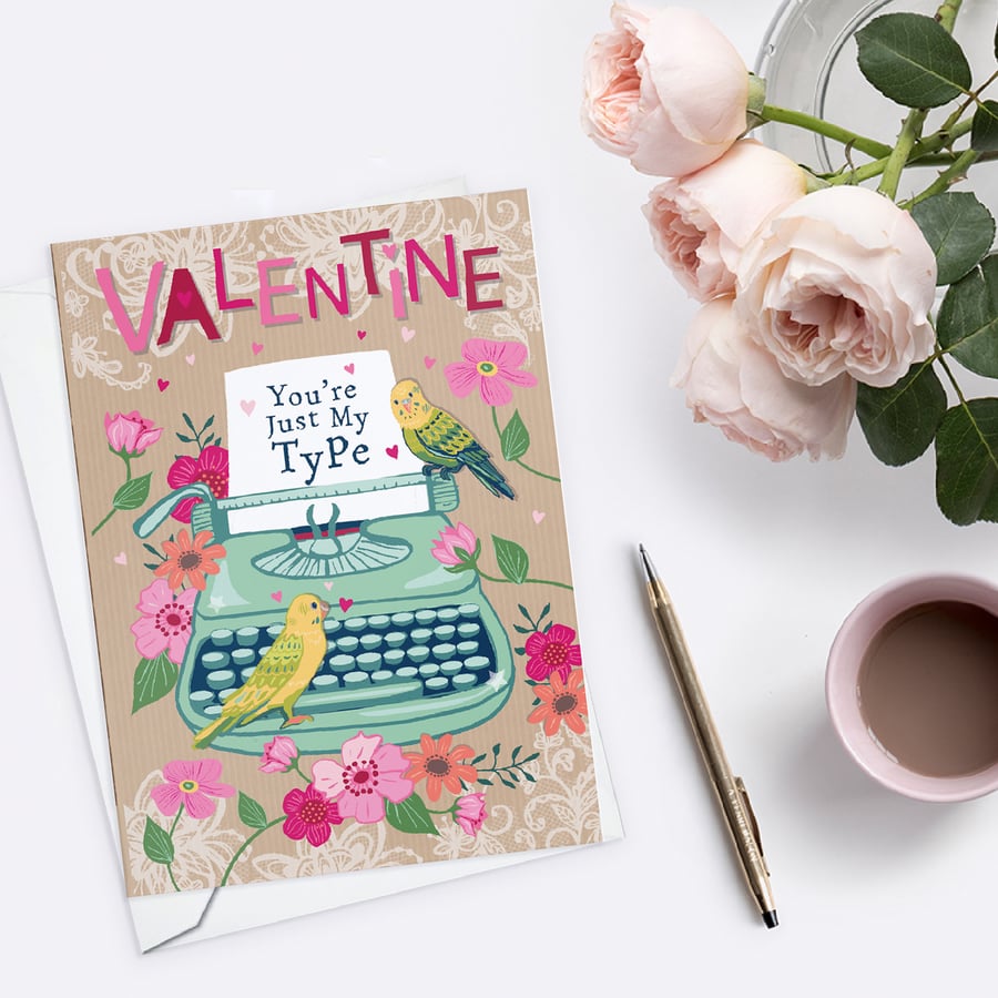 Valentine's Day Card 'Just My Type' A5 sized card featuring budgies