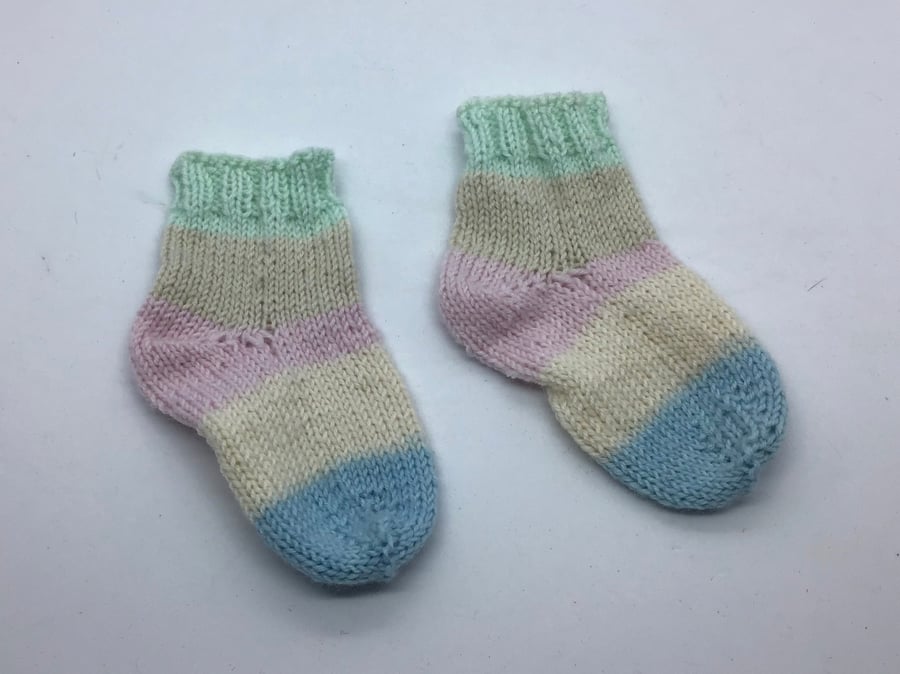 Hand Knit Baby Socks  0-3 months Pastel stripes