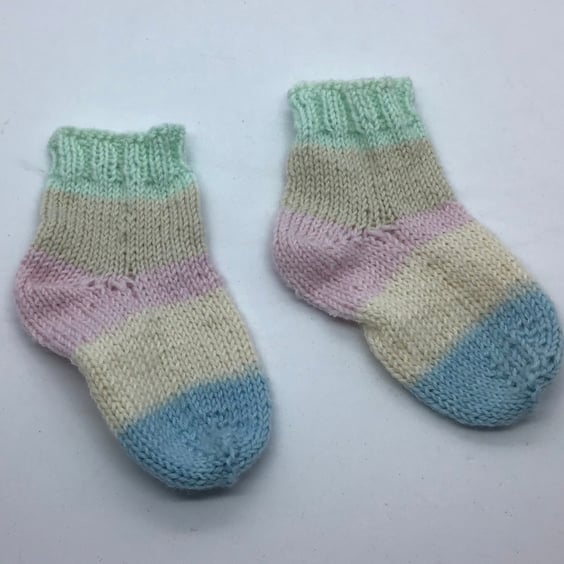 Hand Knit Baby Socks  0-3 months Pastel stripes