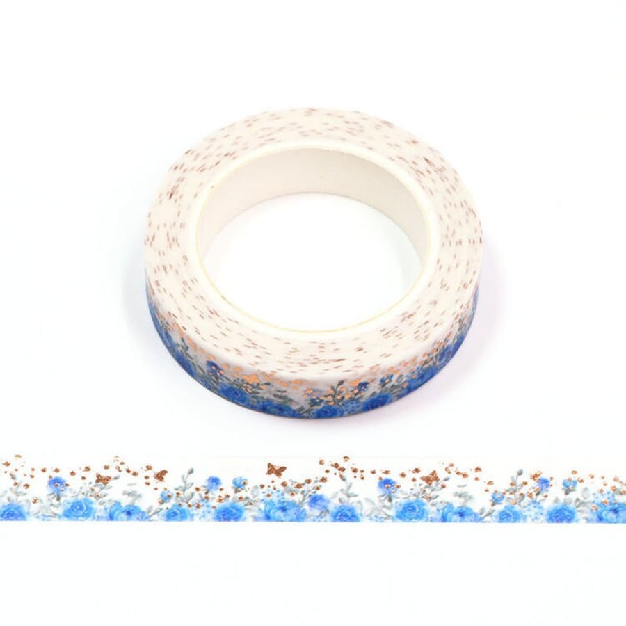 Blue Rose and Gold Butterfly Foil Floral Washi Tape 10mm x 10m Bullet Journal