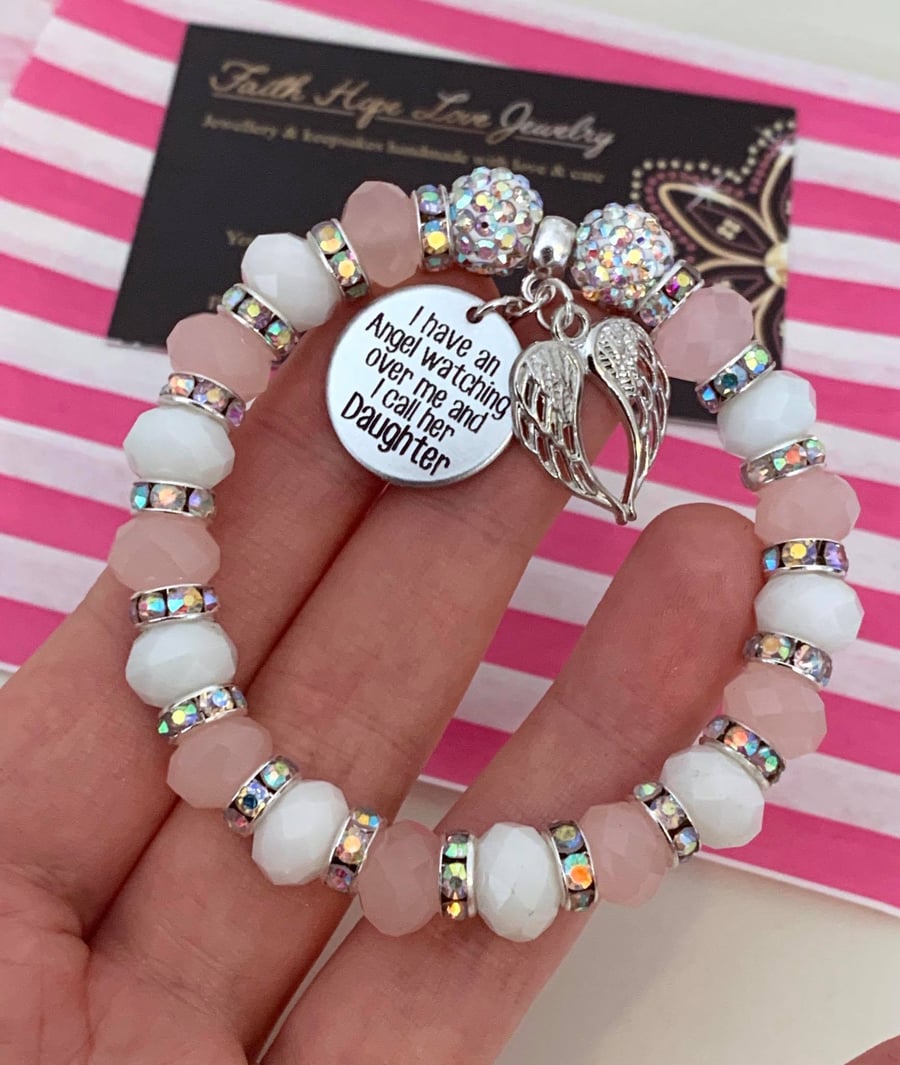 Daughter Pink & White Heaven Memorial Shamballa Keepsake Child Loss Bracelet 